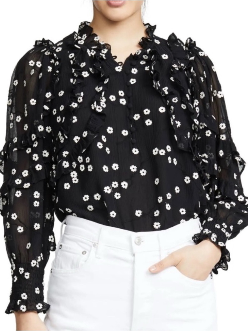 Rebecca Taylor Allesandra Ruffle Top Black Floral Blouse 20” PTP